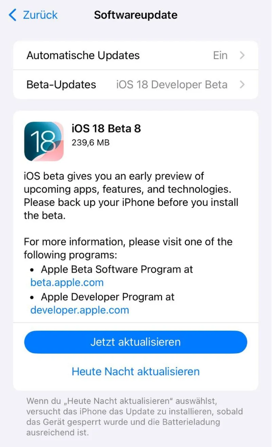 阿尔山苹果手机维修分享苹果 iOS / iPadOS 18 开发者预览版 Beta 8 发布 